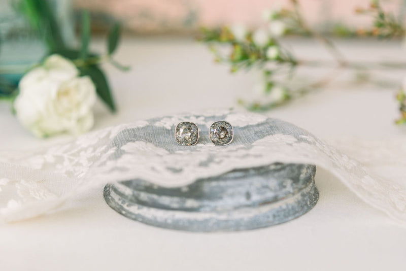 greige square cushion cut crystal stud earrings | sterling silver (925) | 10mm